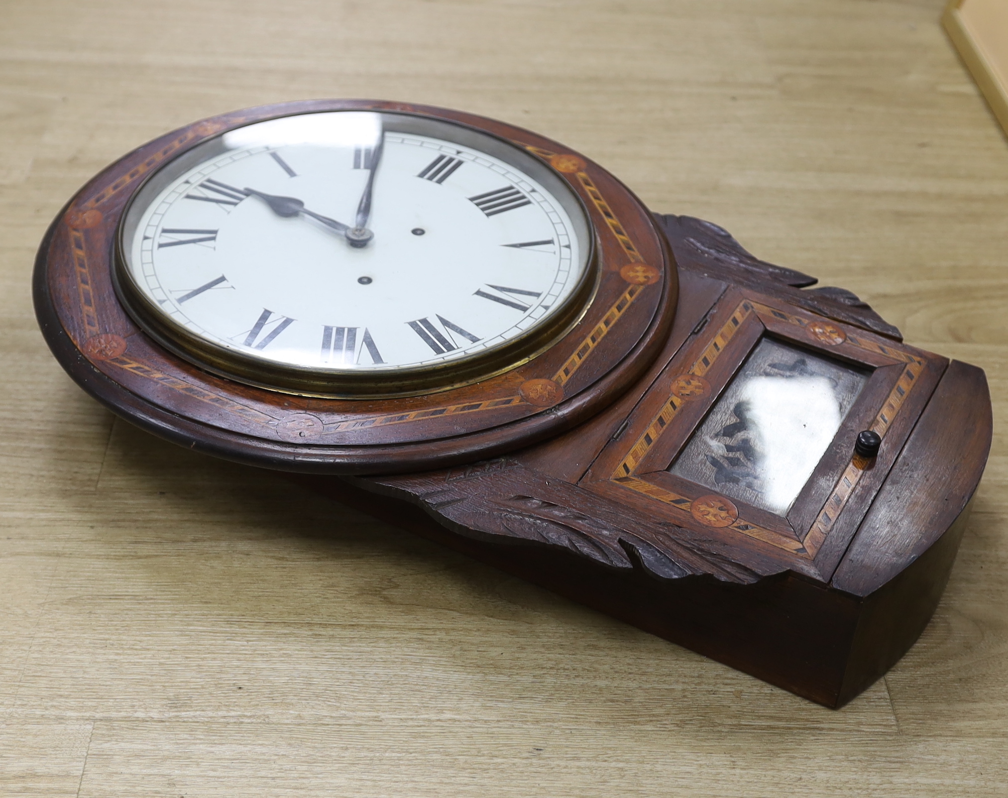 An early 20th century marquetry inlaid drop dial wall clock with German movement, 62cm